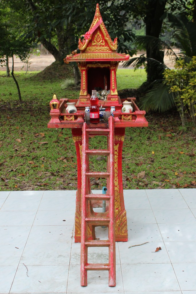 In Thailand, "spirit houses" are small shrines that can be seen at many homes, businesses, and establishments. It is prominently placed on the premise as a shelter for a spirit or spirits, and should be fitted with a small offering. Spirit houses are supposed to ensure that the Guardian or Protector of the House and/or Business (often in the same building) watches over and protects the property and people. It's believed that spirits may be good, evil, or just unpredictable and mischievous, being capable of causing disaster, harm or the failure of a business if neglected and not appeased.